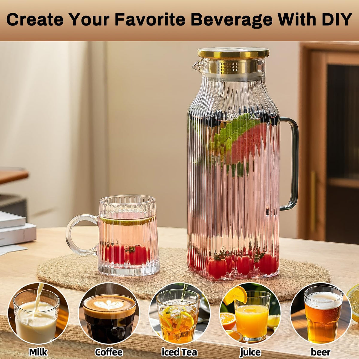 Square Glass Pitcher with Lid and Spout,68 oz/2 Liter Vertical Stripes Water Pitcher for Fridge, Borosilicate Glass Water Carafe for Cold Brew, Coffee, Lemonade, Sun Tea,Heat Resistant