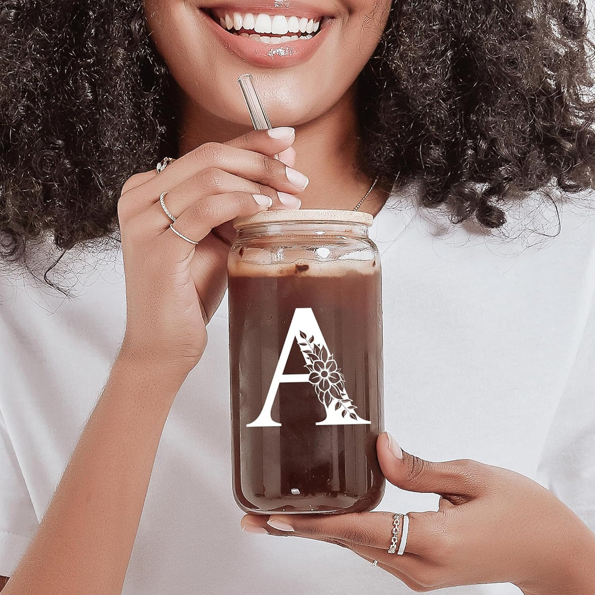 Personalized Gifts for Women, Monogrammed Glass Cups with Lids and Straws, Custom Tumbler, Cute Customized Mug, Aesthetic Stuff, Initial Iced Coffee Cup, Drinking Glasses, Birthday Teacher Gifts, K