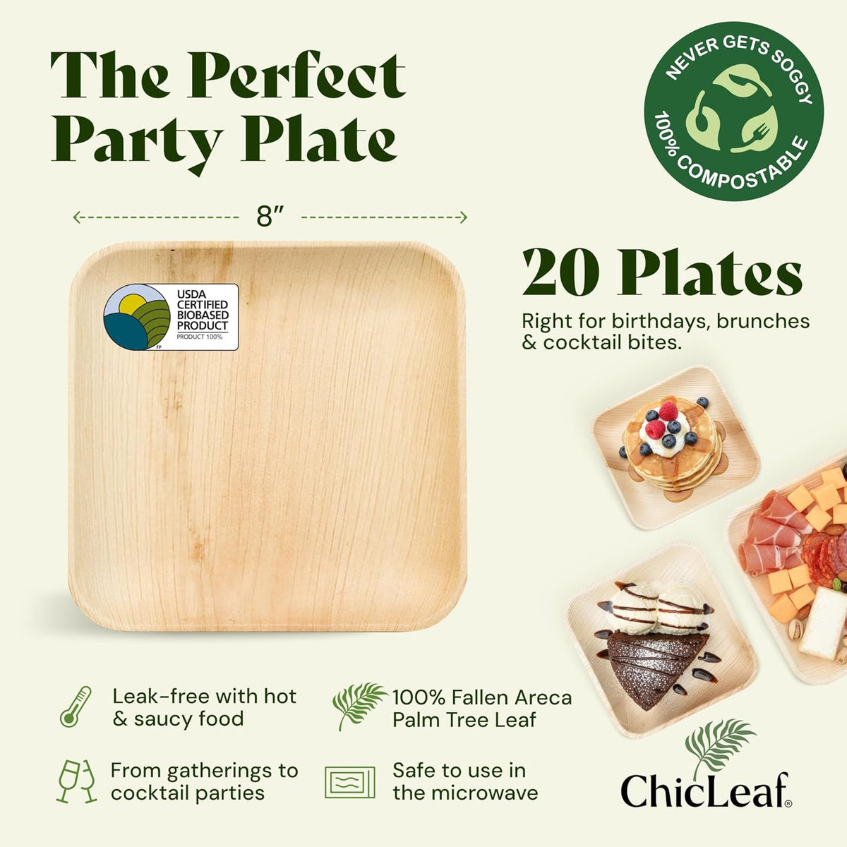 Chic Leaf Palm Leaf Disposable Bamboo Plates - Square Party Plates for Weddings, Parties, Event Appetizers - Biodegradable & Compostable - Party Supplies (8", 20 Pack)