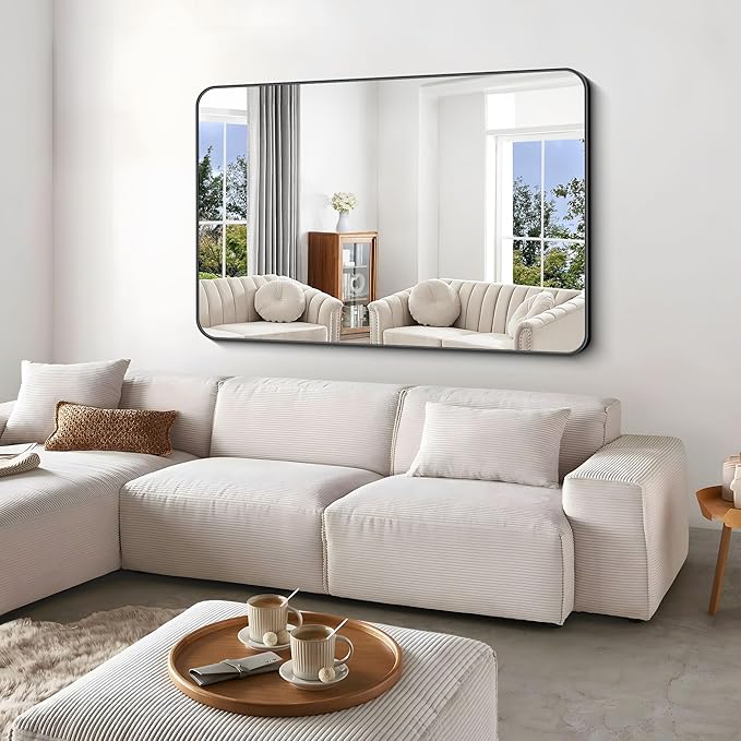 Black Bathroom Mirror,60x40 inch Wall Mirror for Bathroom Wall Mounted,Rectangle Mirror for Bathroom Over Sink,Modern Frame Round Corner for Living Room,Bedroom Entryway,Horizontal/Vertical