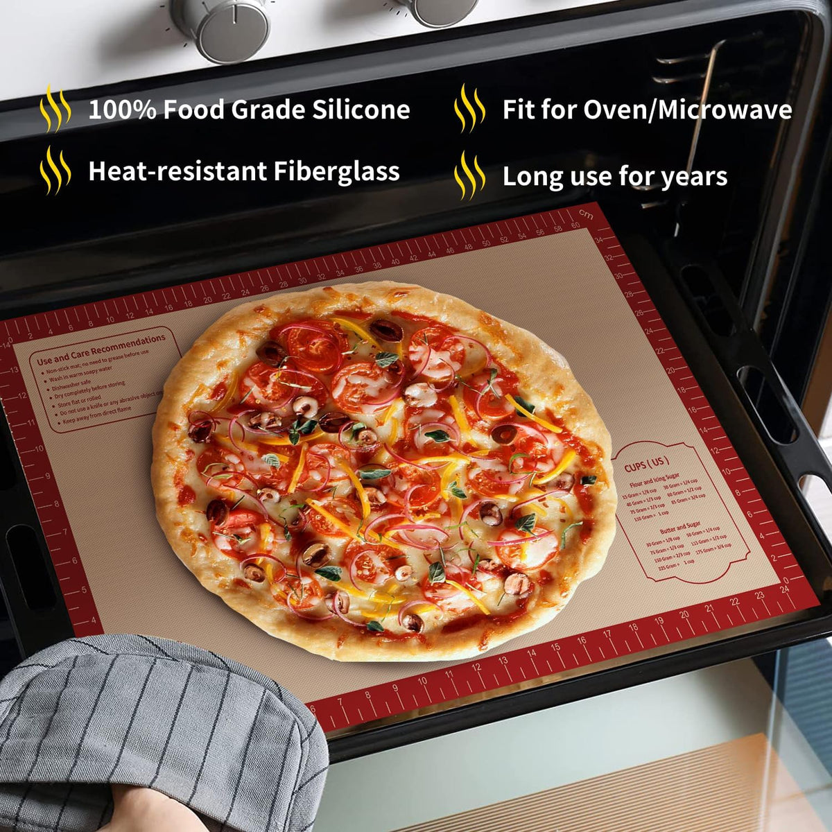 Silicone Baking Mat, Reusable Silicone Dough Mat, Non-Stick Pastry Mat, Heat Resistant Silicone Mat for Baking Cookies, Cake, Bread, Chocolate, Pizza, Crust, Pie Oven Mat, Easy to Clean