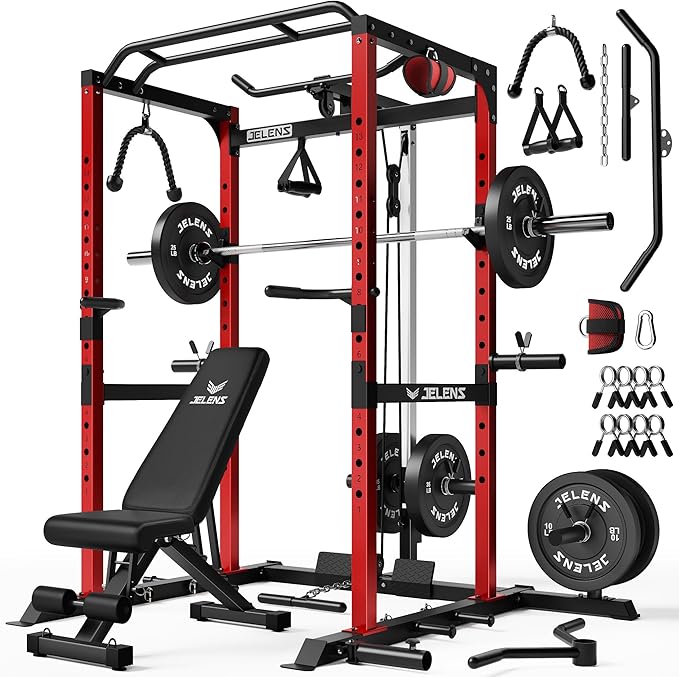 S21 Power Cage, Multi-Function Power Rack with Adjustable Cable Crossover System, 2000LBS Squat Rack for Home Gym with More Training Attachments