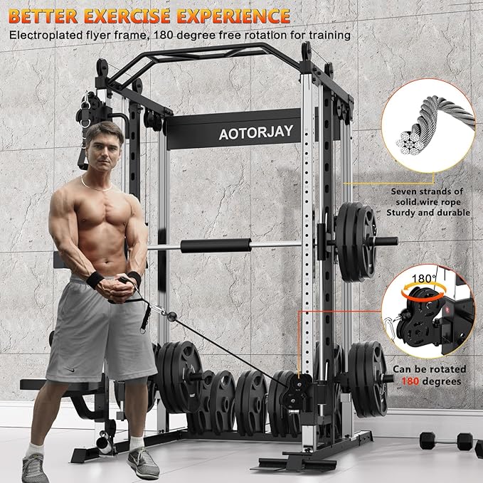 Smith Machine Strength Training Squat Rack with Smith Bar, Power Cage with LAT Pull-Down Systems, Cable Crossover Machine for Home Gym and More Training Attachment
