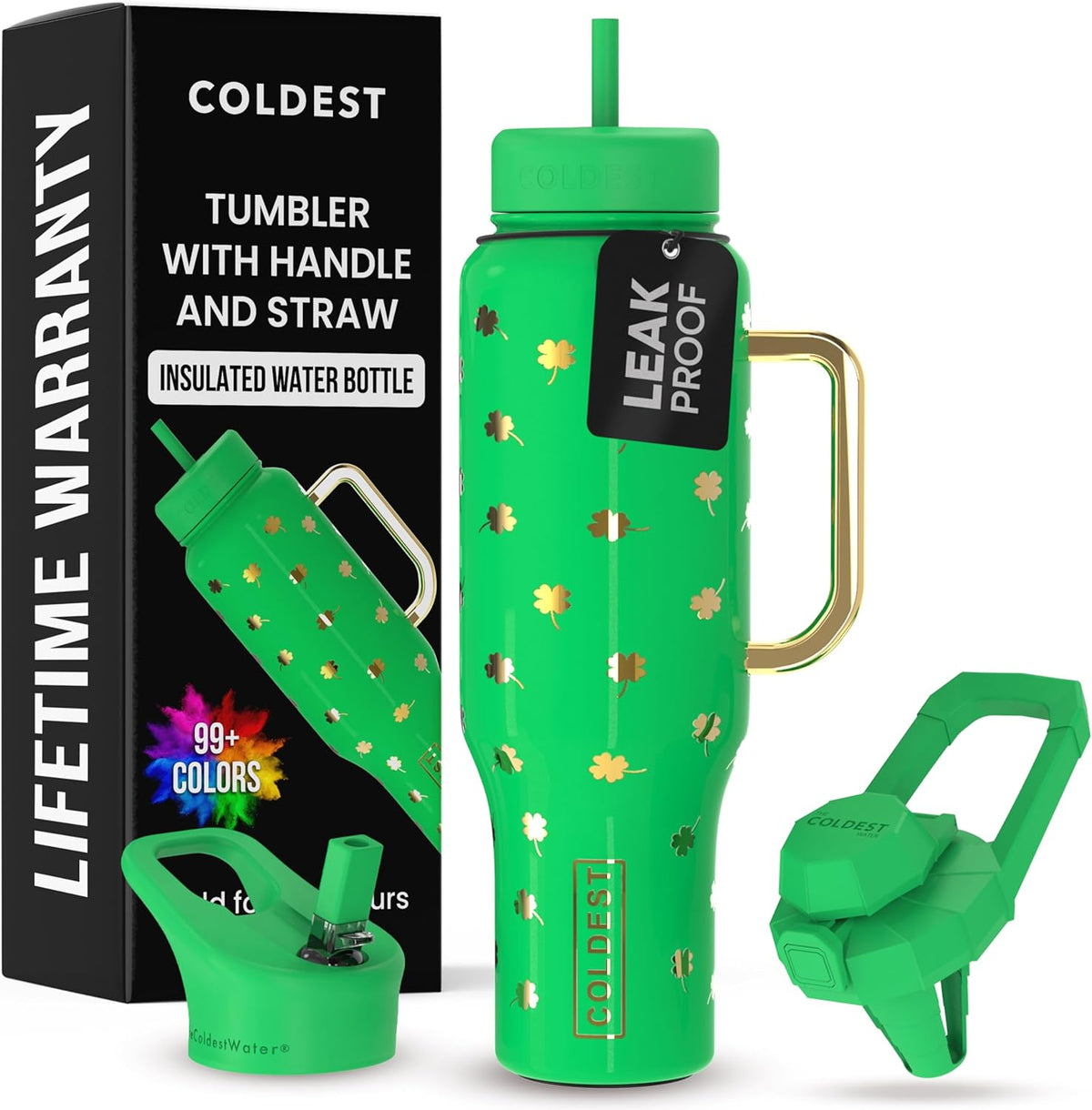 Coldest 40 oz Tumbler with Handle and Straw - 100% Leak Proof Insulated Tumbler with Lid and Straw (3 Lids) - Stainless Steel Tumblers for Women & Men - Cup Holder Friendly Base, 46 oz (Lucky)