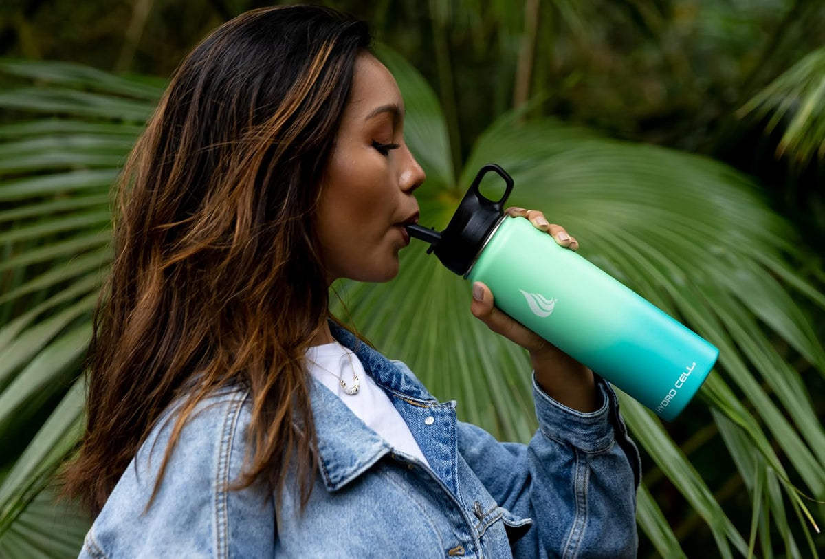 HYDRO CELL Stainless Steel Insulated Water Bottle with Straw - For Cold & Hot Drinks - Metal Vacuum Flask with Screw Cap and Modern Leakproof Sport Thermos for Adults (Mint/Green 18oz)