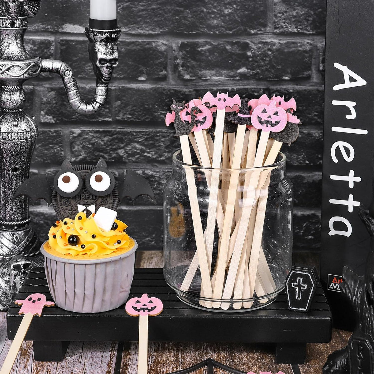 120Pcs Halloween Coffee Stirrers Disposable Pink Black Ghost Bat Cat Pumpkin Stir Sticks Wooden Drink Stirrer for Hot Chocolate Milkshake Restaurant Home Office