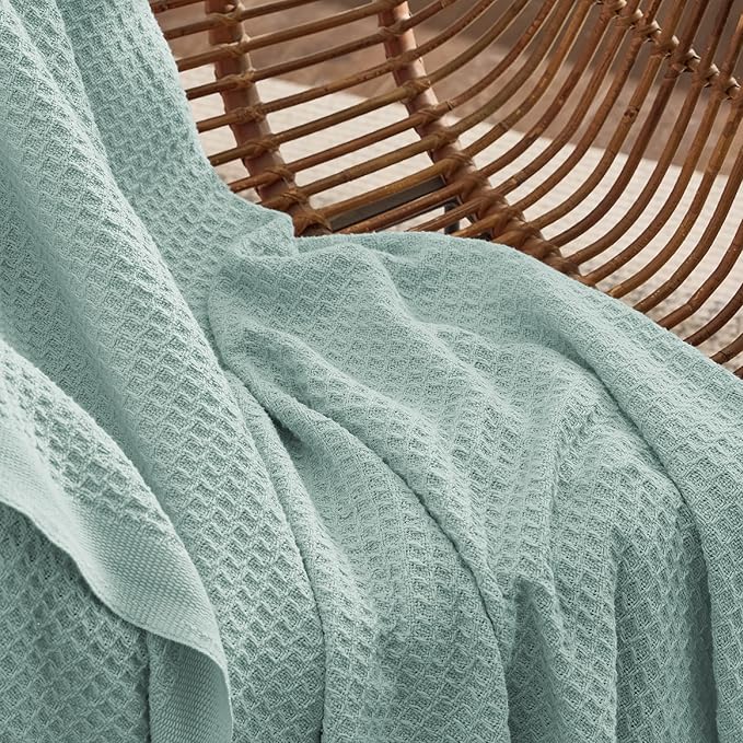 Bedsure 100% Cotton Blanket Queen Size for Bed - Breathable and Soft, Waffle Weave Blanket for Summer, Thick Cozy Fall Blankets for Women Gift, Mint, 90x90 Inches