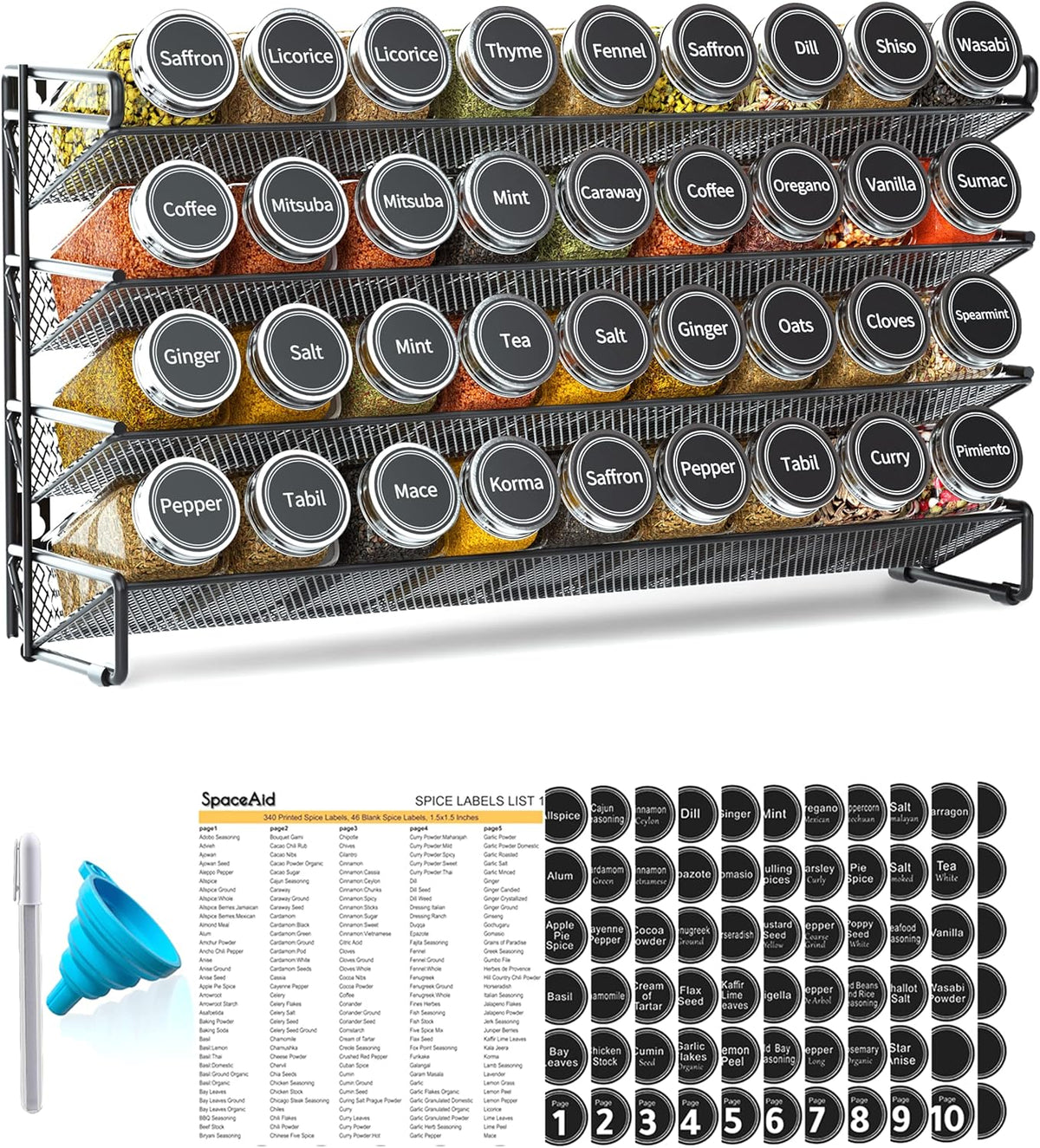 SpaceAid Spice Rack Organizer with 36 Spice Jars, 386 Spice Labels, Chalk Marker and Funnel Set for Cabinet, Countertop, Pantry, Cupboard or Door & Wall Mount - 36 Jars, 17.2" W × 10.8" H, Black