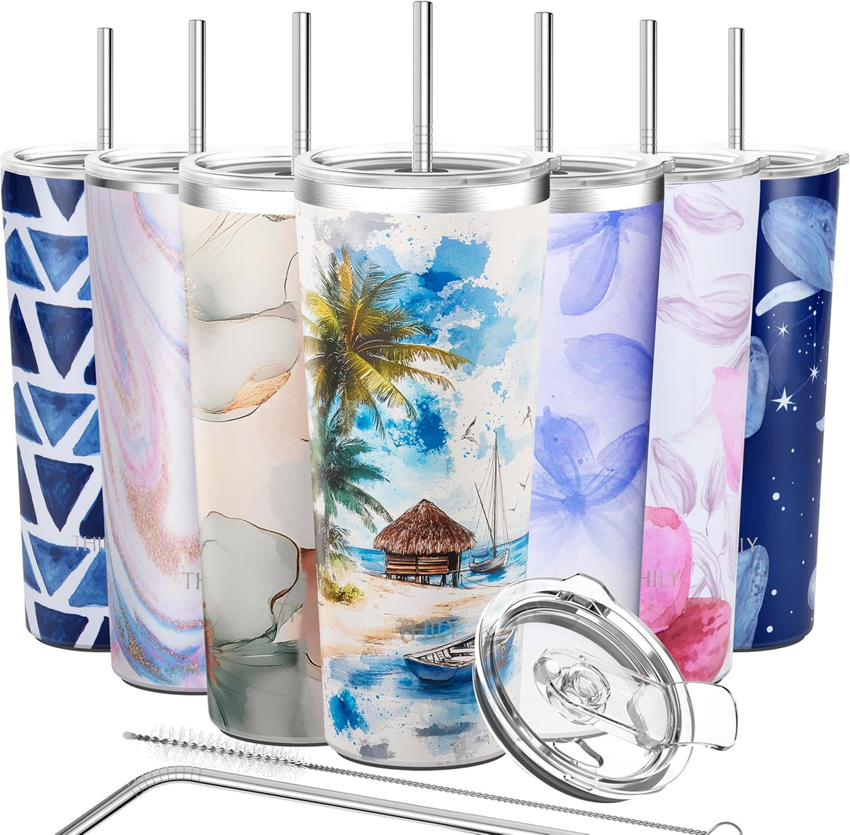 THILY Vacuum Insulated Stainless Steel Tumbler Travel Mug 26 oz Coffee Cup with 2 Lids and Straws, Splash Proof, Reusable, Keep Iced Drinks Cold, Coastal Breeze