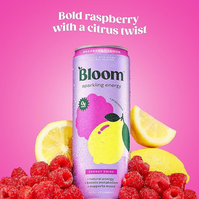 Bloom Nutrition Sparkling Energy Drink for Focus, Natural Caffeine, Zero Sugar, 180mg Caffeine, Antioxidant-Rich with Green Coffee Bean, Green Tea Extract, & Prebiotics, Raspberry Lemon 12oz 24 Pack