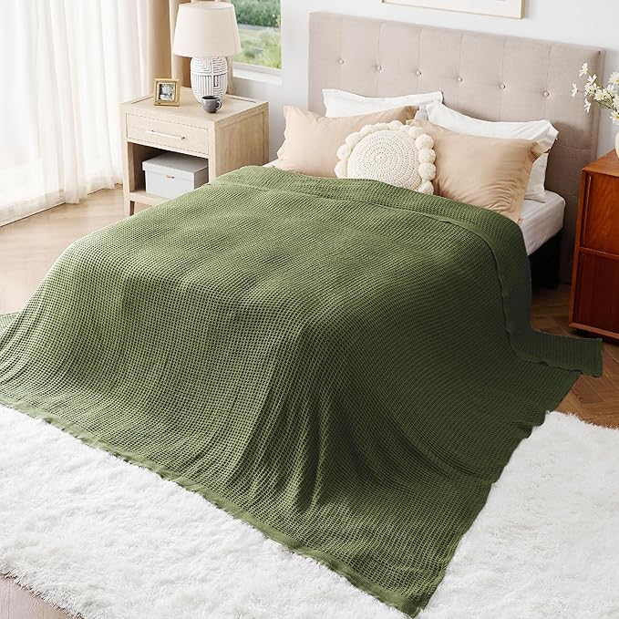Bedsure 100% Cotton Large Blanket Oversized King for Bed - Breathable Thick Waffle Weave Blanket for Summer, Couch Cover, Olive Green, 120x94 inches