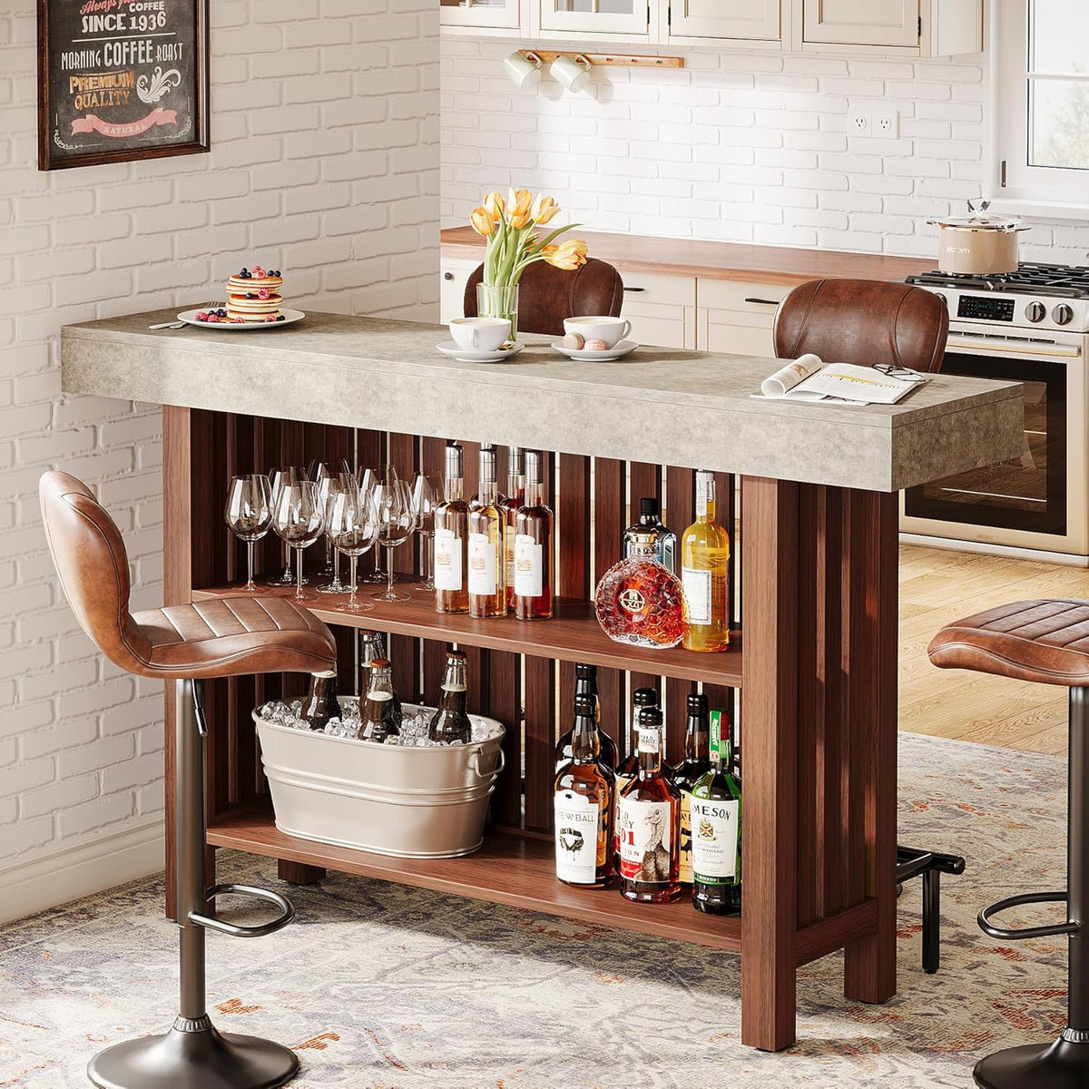 Tribesigns 63-Inch Large Home Bar Unit, 2-Tier Kitchen Island Mini Bar Height Pub Table with Footrest, Modern Coffee Bar Cabinet for Dining Room, Bistro, Living Room