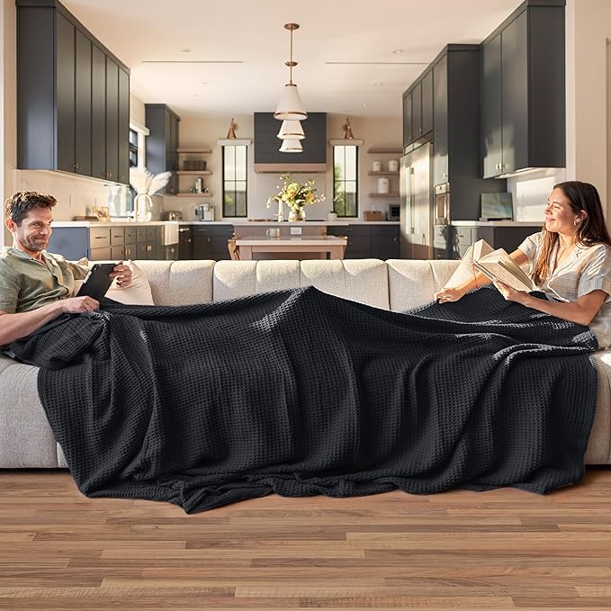 Bedsure 100% Cotton Blanket King Size for Bed - Breathable and Soft, Waffle Weave Blanket for Summer, Thick Cozy Fall Blankets for Women Gift, Black, 104x90 inches