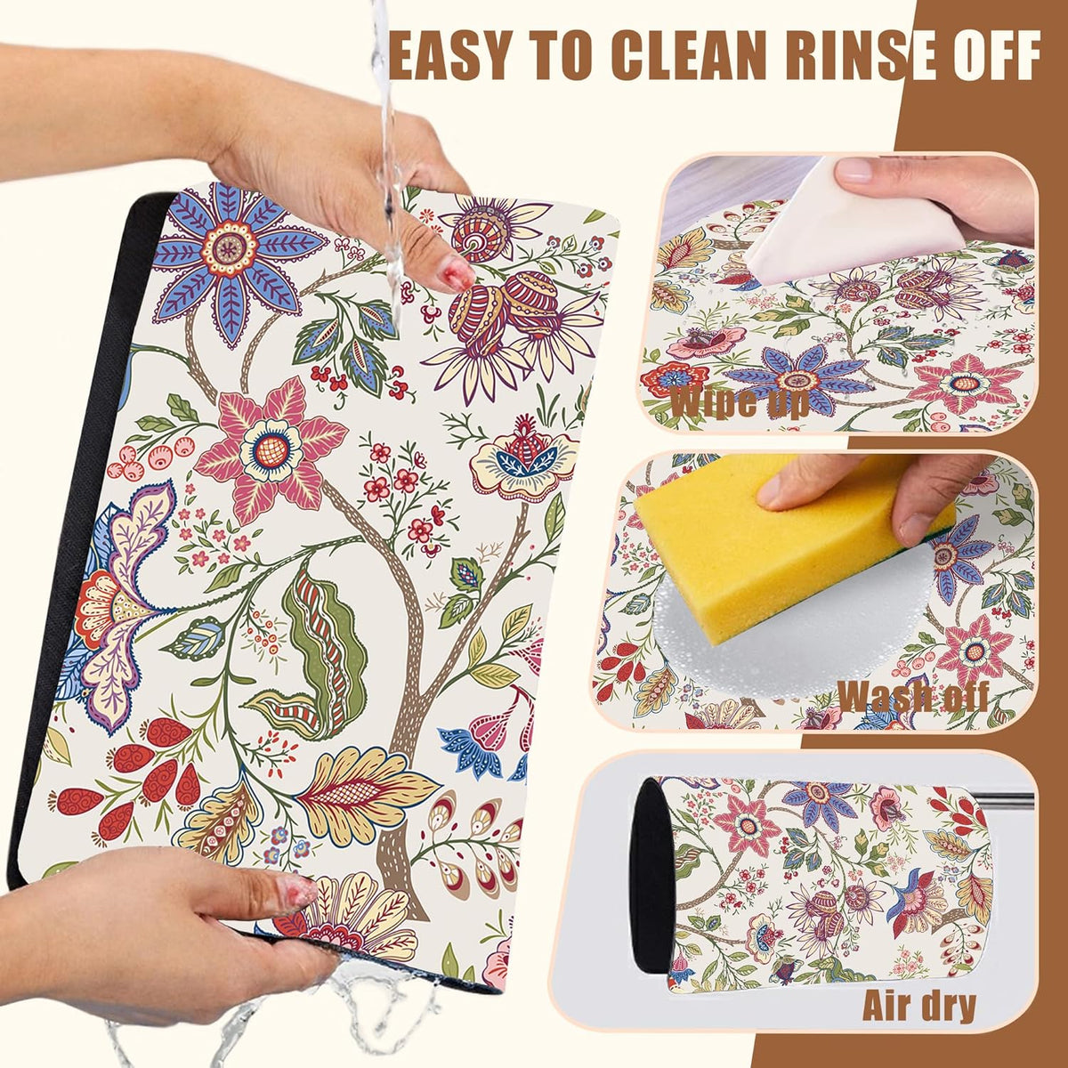 Colorful Flowers Dish Drying Mat for Kitchen Counter Coffee Bar Mat Hide Stain Absorbent Rubber Backed Coffee Maker Espresso Machine Accessories 15.7 x 23.6 Inch
