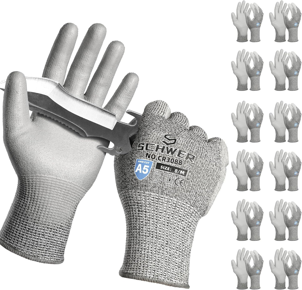 Schwer 12 Pairs ANSI A5 Cut Resistant Work Gloves, Cut Proof Gloves with PU Coating, Used for Metal Fabrication, WoodWorking, Construction, Non Slip, Durable, M, CR3088