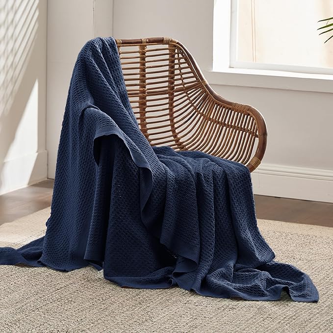 Bedsure 100% Cotton Blanket Twin XL Size for College Dorm - Breathable and Soft, Waffle Weave Twin Blanket for Summer, Dorm Room Essentials, Pageant Blue, 66x90 inches
