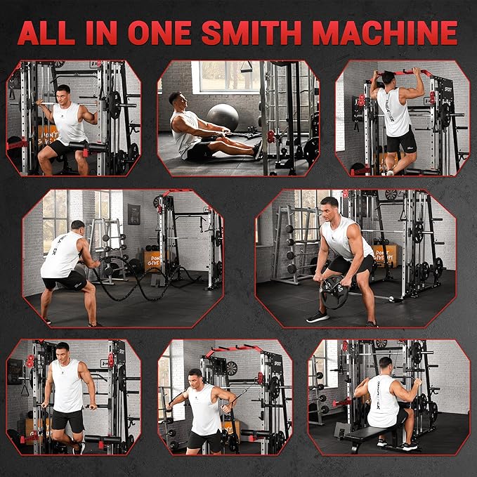 Smith Machine Home Gym All in One, 2200LBS Squat Rack Power Cage with Smith Bar, LAT Pull-Down, Cable Systems, Leg Hold-Down and More Attachments, Workout Equipment (Red Black)