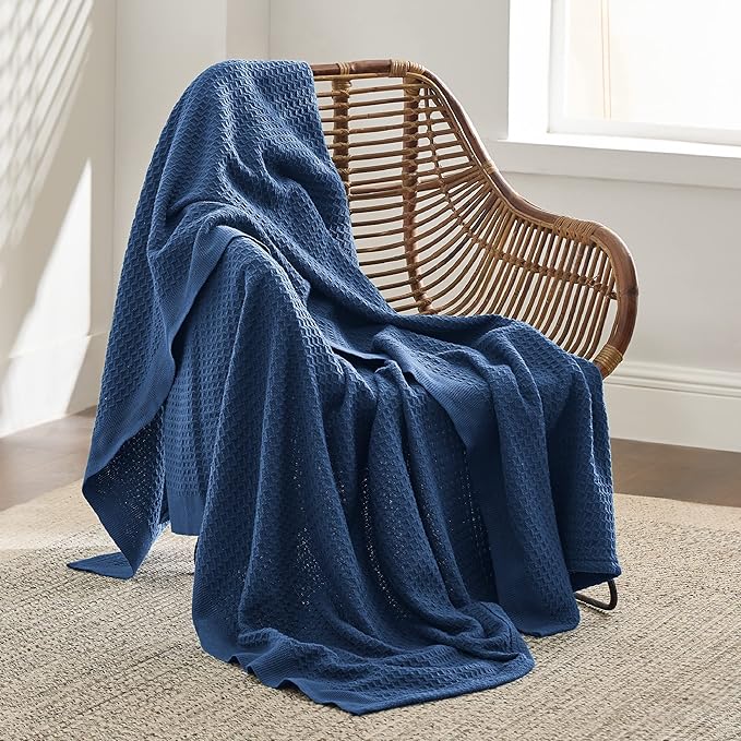 Bedsure 100% Cotton Large Throw Blanket for Couch 50x70 inches - Breathable and Soft, Waffle Weave Throw Blanket for Office, Navy