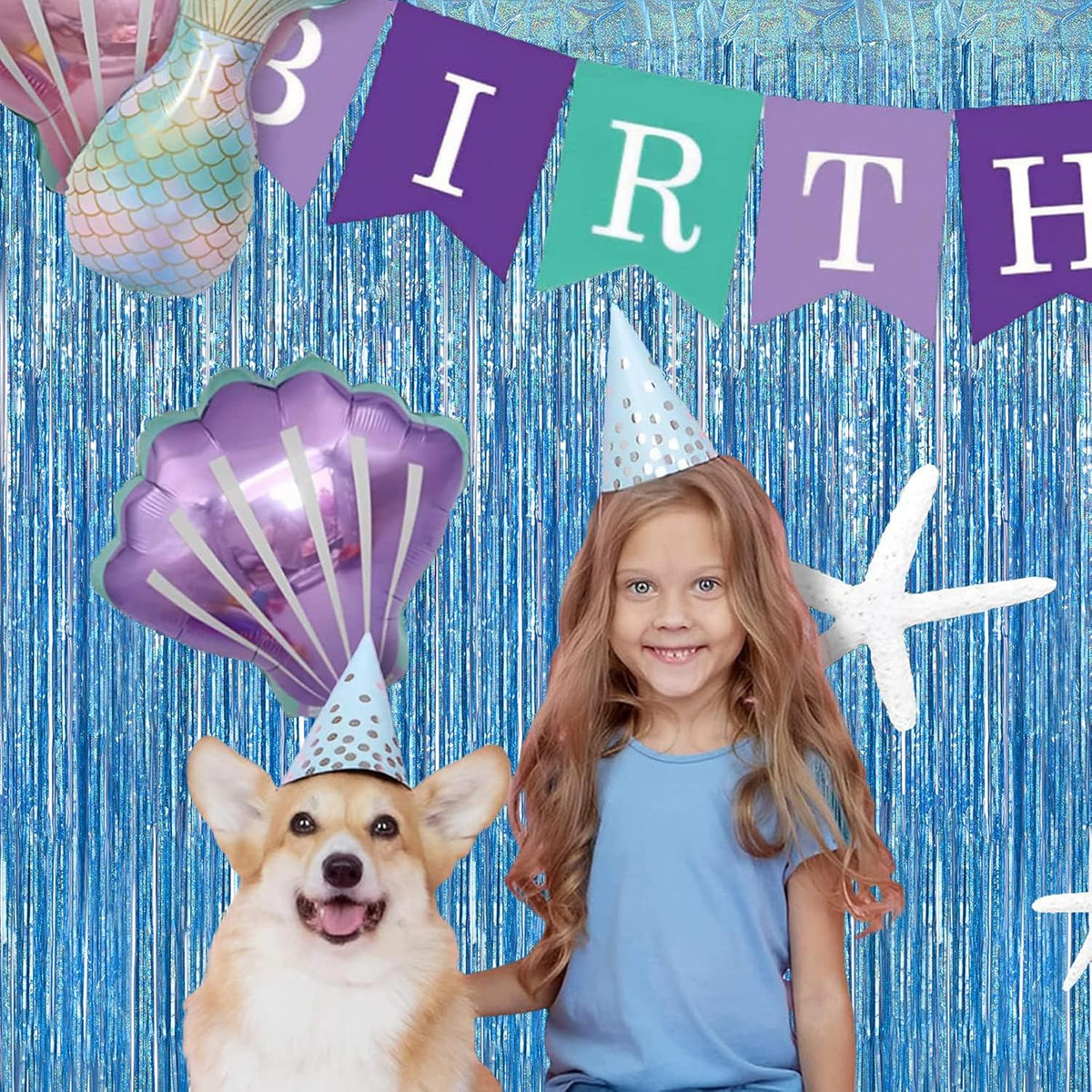 BRAVESHINE Light Blue Tinsel Foil Fringe Curtains - 2Pcs 3.2x8.2 ft Metallic Holiday Photo Booth Backdrop for Easter Birthdays Mermaid Frozen Sea Bachelorette Party Streamers Decorations