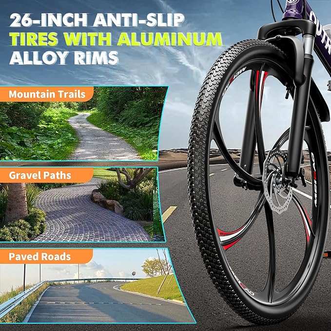 26 Inch Folding Mountain Bike, 21 Speed Full Suspension Bicycle with High-Carbon Steel, Dual Disc Brake Non-Slip Quick Release tire Folding Bicycle for Adults/Men/Women