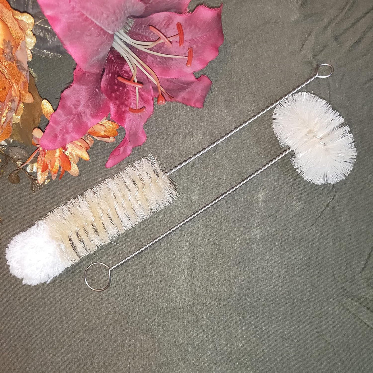 Coralpearl Bottle Brushes Thin Long Handle X 2, Skinny Wire Cleaner Set in Stainless Steel with Natural Boar Bristle at Wool Tip, Bendable Flexible for Cleaning Narrow Neck Bottles, Pipe, Tube, Hose