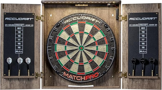 Accudart Match Pro Dartboard Cabinet Set - Official Size - Self Healing Sisal - Modern Style Woodgrain - Two Built-in Dartholders - LED Lighting - Includes Scoreboard, Chalk, Eraser, and Six Darts
