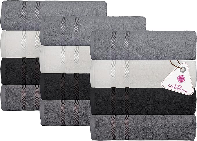 CASA COPENHAGEN Ember, 500 GSM, 16x28 Inches, Hand Towels, Set of 12 Towels, Super Soft and Absorbent, Egyptian Cotton Towels for Bathroom & Kitchen - Light Grey +White +Black +Dark Grey