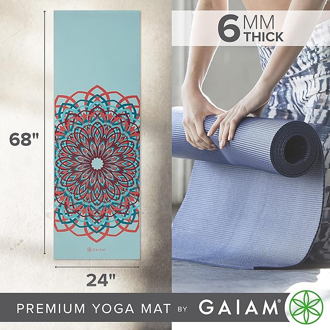 Gaiam Yoga Mat - Premium 6mm Print Extra Thick Non Slip Exercise & Fitness Mat for All Types of Yoga, Pilates & Floor Workouts (68"L x 24"W x 6mm Thick)