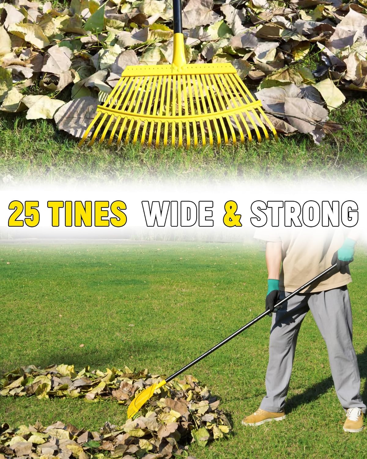 Garden Leaf Rake, 18” Wide Metal Rake with 25 Teeth, 62" Adjustable Long Handle, Heavy Duty Lawn Yard Tool for Leaves, Grass, Shrubs, Debris, Pine Needles, Garden Cleanup Tools for Backyard