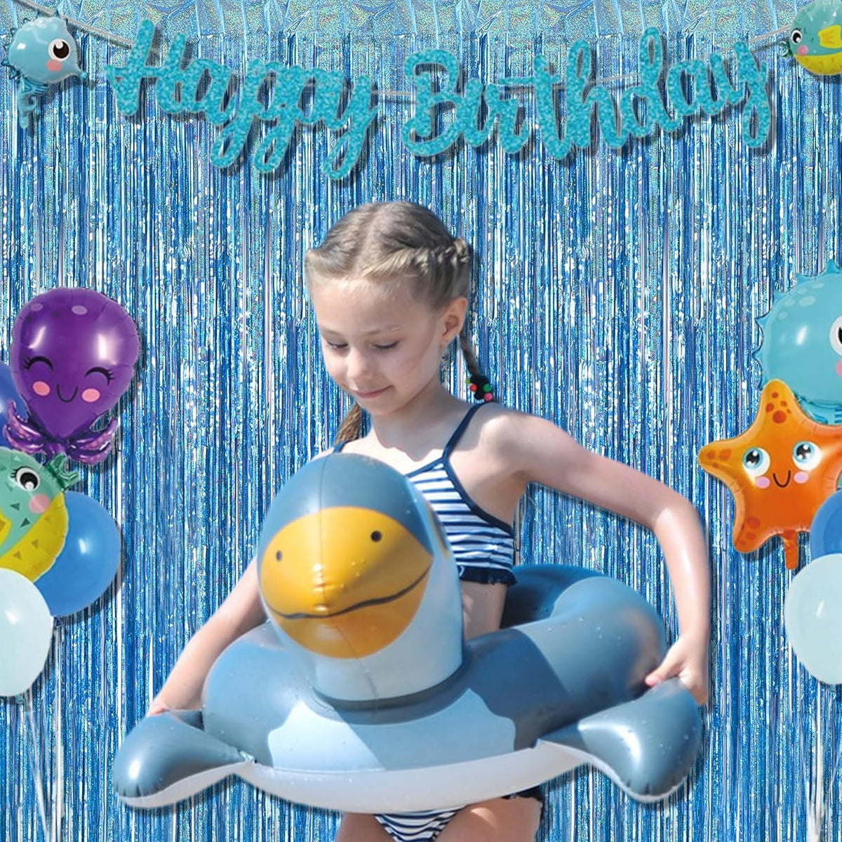 BRAVESHINE Light Blue Tinsel Foil Fringe Curtains - 2Pcs 3.2x8.2 ft Metallic Holiday Photo Booth Backdrop for Easter Birthdays Mermaid Frozen Sea Bachelorette Party Streamers Decorations