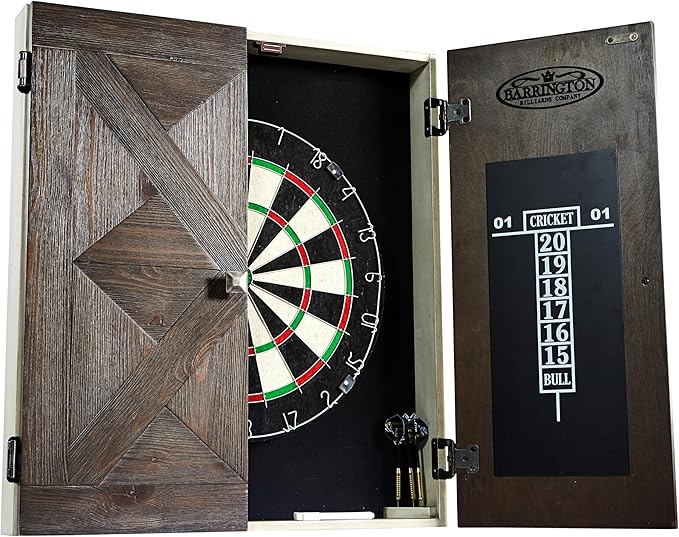 Barrington Dartboard Multiple Styles Pre-Assembled Wood Dartboard Cabinet Collection with 18” Bristle Dartboard & Steel Tip Dart Set, Perfect for Cricket Games