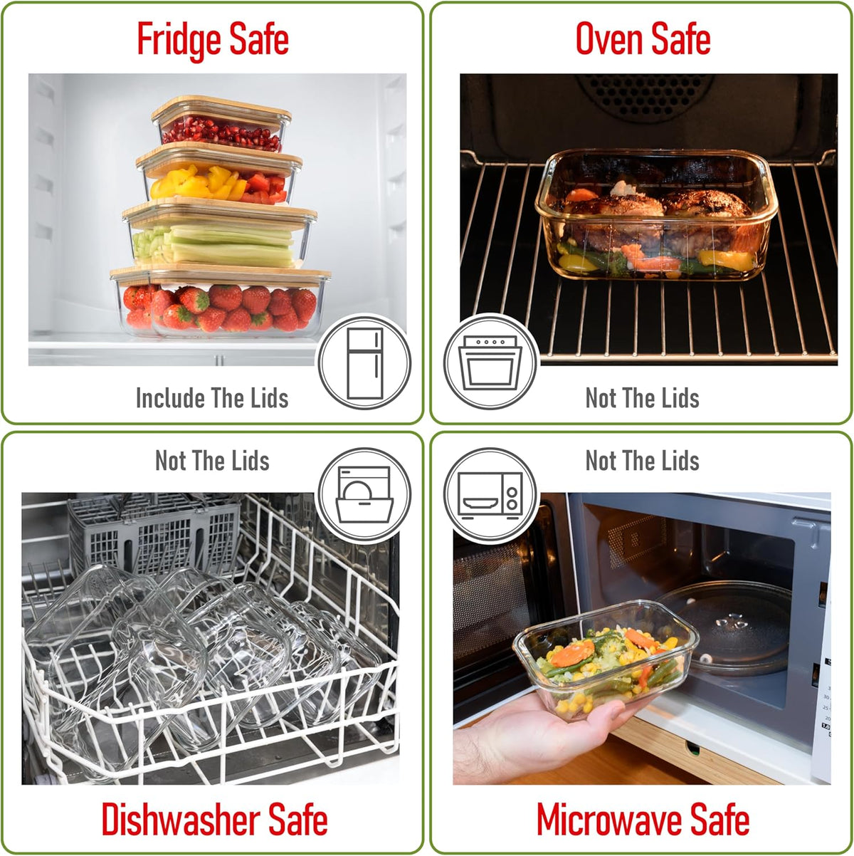 Set of 4 Stackable Space-Saving Nesting Glass Containers with Airtight Bamboo Lids - Lunch, Meal & Food Prep - Microwave & Oven Safe BPA Free Durable Heat Resistant Inert Borosilicate Glass