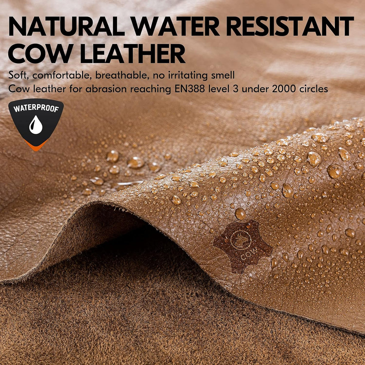 Vgo... 1-Pair Unlined Safety Cow Grain Leather Work Gloves Men, Rigger Gloves, Builder Gloves, Water Resistant, Palm Patched (Size M, Brown, CA9597WP)