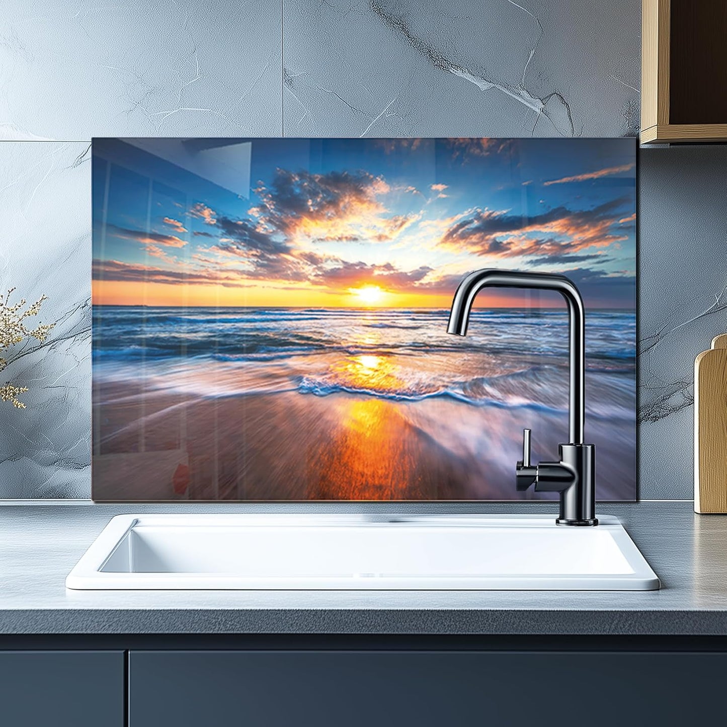 Tempered Glass Backsplash For Kitchen Behind Stove,Sea Beach Stove Backsplash Top Cover,Easy to Clean Glass Splashback, Sink Cover Splash Guard,Home Kitchen Wall Decor (30"x18"(76.2x45.72cm))
