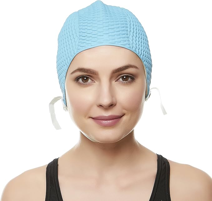 Beemo Swim Cap Women Chin Strap Bubble Crepe Latex Long Short Hair Swimming Caps