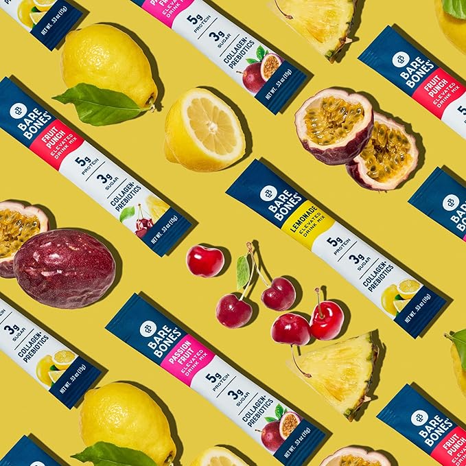 Bare Bones Fruit Punch Elevated Drink Mix | Collagen & Prebiotics | Gluten-Free & Naturally Sweetened | On-The-Go Stick Single-Serve Packs Powdered Refreshment | 5g Protein | 16 Packets (.60 oz)