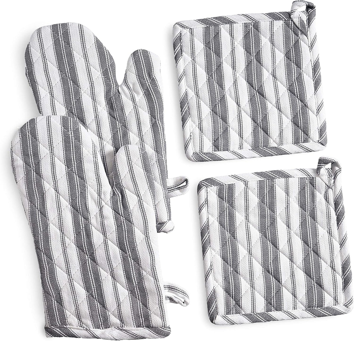 Oven Mitts & Potholder Set - Durable Heat Resistant Gloves - Thick Mittens for Kitchen - Suitable for Cooking, Baking, Grilling – BBQ - 2 Oven Mitts & 2 Potholders – Dark Grey Stripes - Casa De Lan