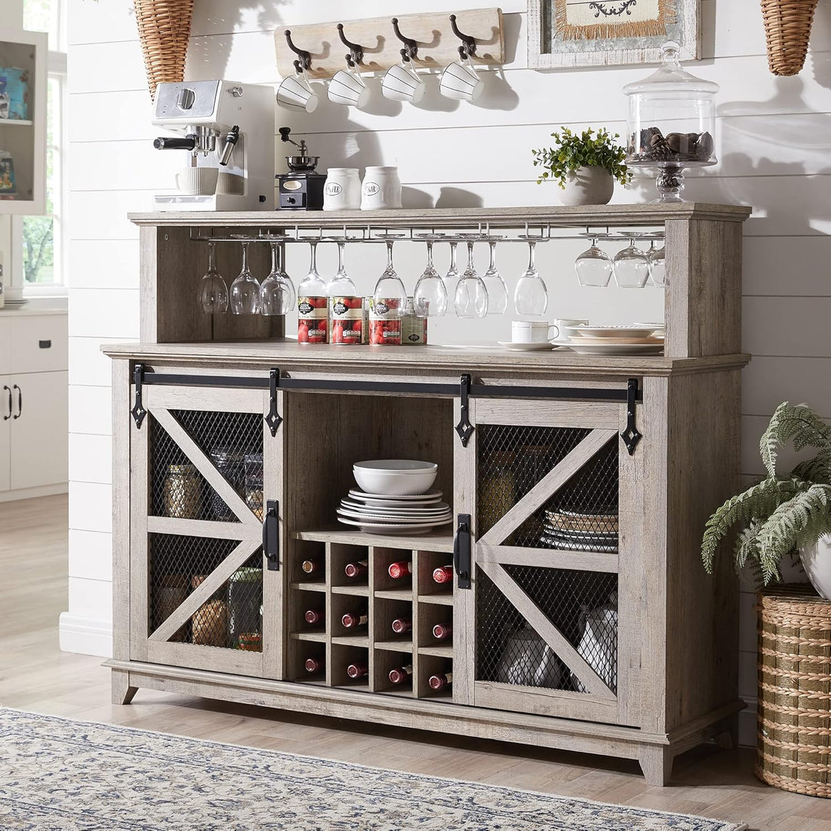 OKD Farmhouse Coffee Bar Cabinet with LED Lights, 55" Wine Bar w/Sliding Barn Door & Wine and Glass Rack, Kitchen Buffet Cabinet w/Storage Shelves for Dining Room,Light Rustic Oak