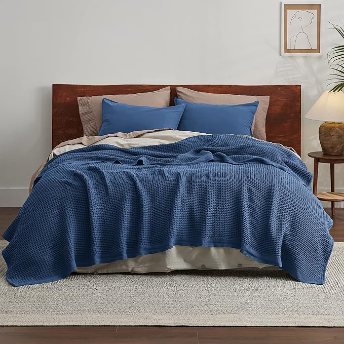 Bedsure 100% Cotton Blanket King Size for Bed - Breathable and Soft, Waffle Weave Blanket for Summer, Thick Cozy Fall Blankets for Women Gift, Navy, 104x90 inches