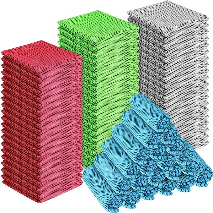 Shellwei 80 Pcs Cooling Towel Bulk 40 x 12 Inch Double Layer Microfiber Chilly Cold Towel for Neck Gym Yoga Running Workout Sports(Rose Red, Light Blue, Green, White)
