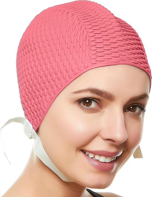 Beemo Swim Cap Women Chin Strap Bubble Crepe Latex Long Short Hair Swimming Caps