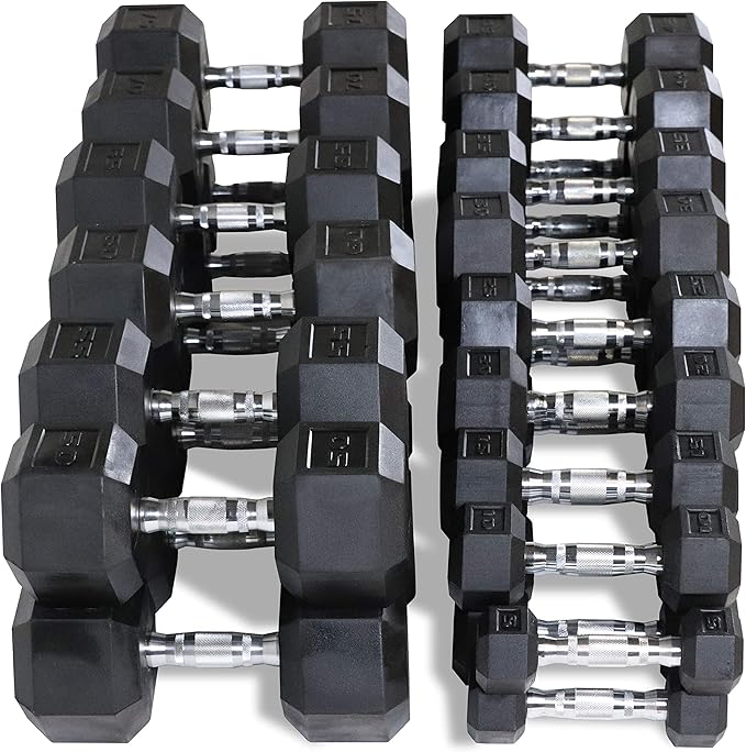 WF Athletic Supply Rubber Coated Hex Dumbbell Set, Multiple Choices Available - Dumbbells with Rack Stand and Mat, or Dumbbells Only (200/550/1200/2100/3000 LB)