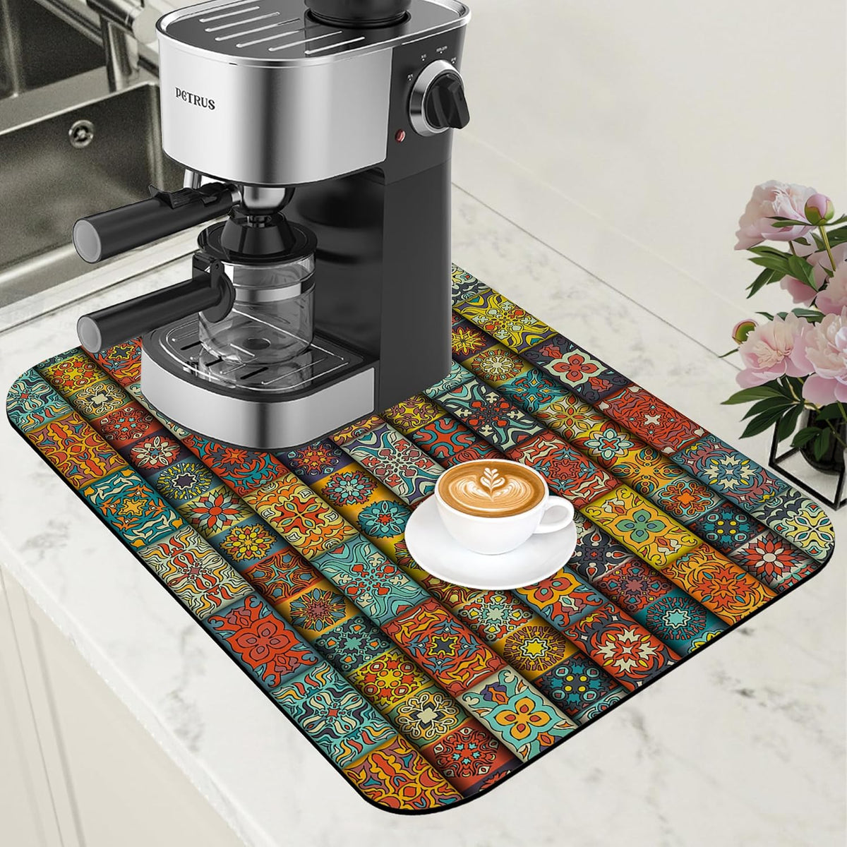 Boho Dish Drying Mat Colorful Mandala Flower Coffee Bar Mat for Countertop Absorbent Rubber Backed Hide Stain Dish Drainer Rack Pad Coffee Pot Espresso Machine Cafe Table Decoration 11.8 x 19.7 Inch