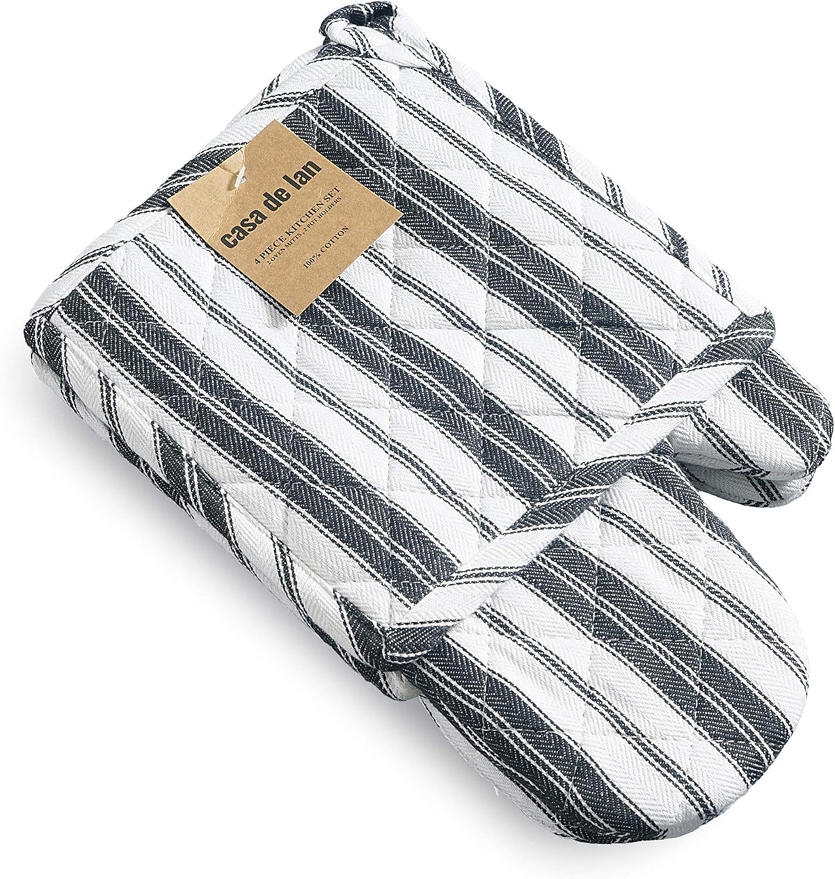Oven Mitts & Potholder Set - Durable Heat Resistant Gloves - Thick Mittens for Kitchen - Suitable for Cooking, Baking, Grilling - BBQ- 2 Oven Mitts & 2 Potholders - Black Stripes - Casa De Lan