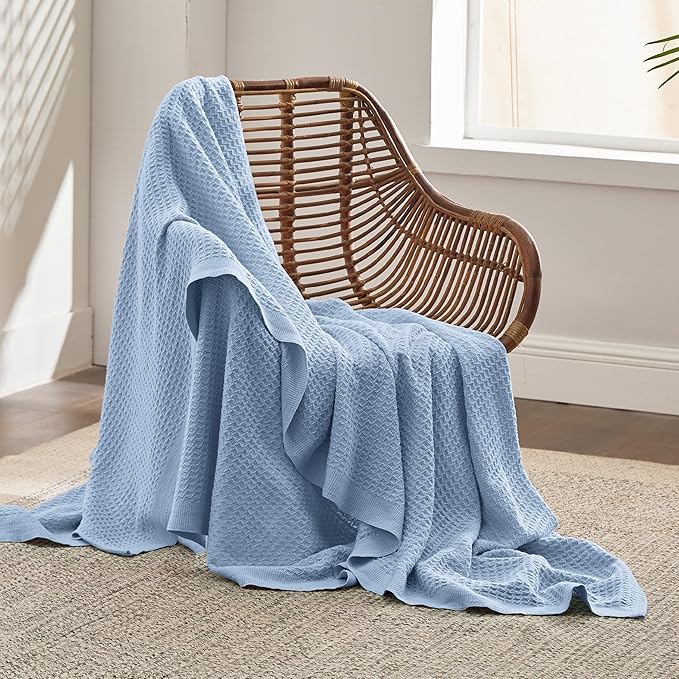 Bedsure 100% Cotton Large Throw Blanket for Couch 50x70 inches - Breathable and Soft, Waffle Weave Throw Blanket for Office, Sky Blue