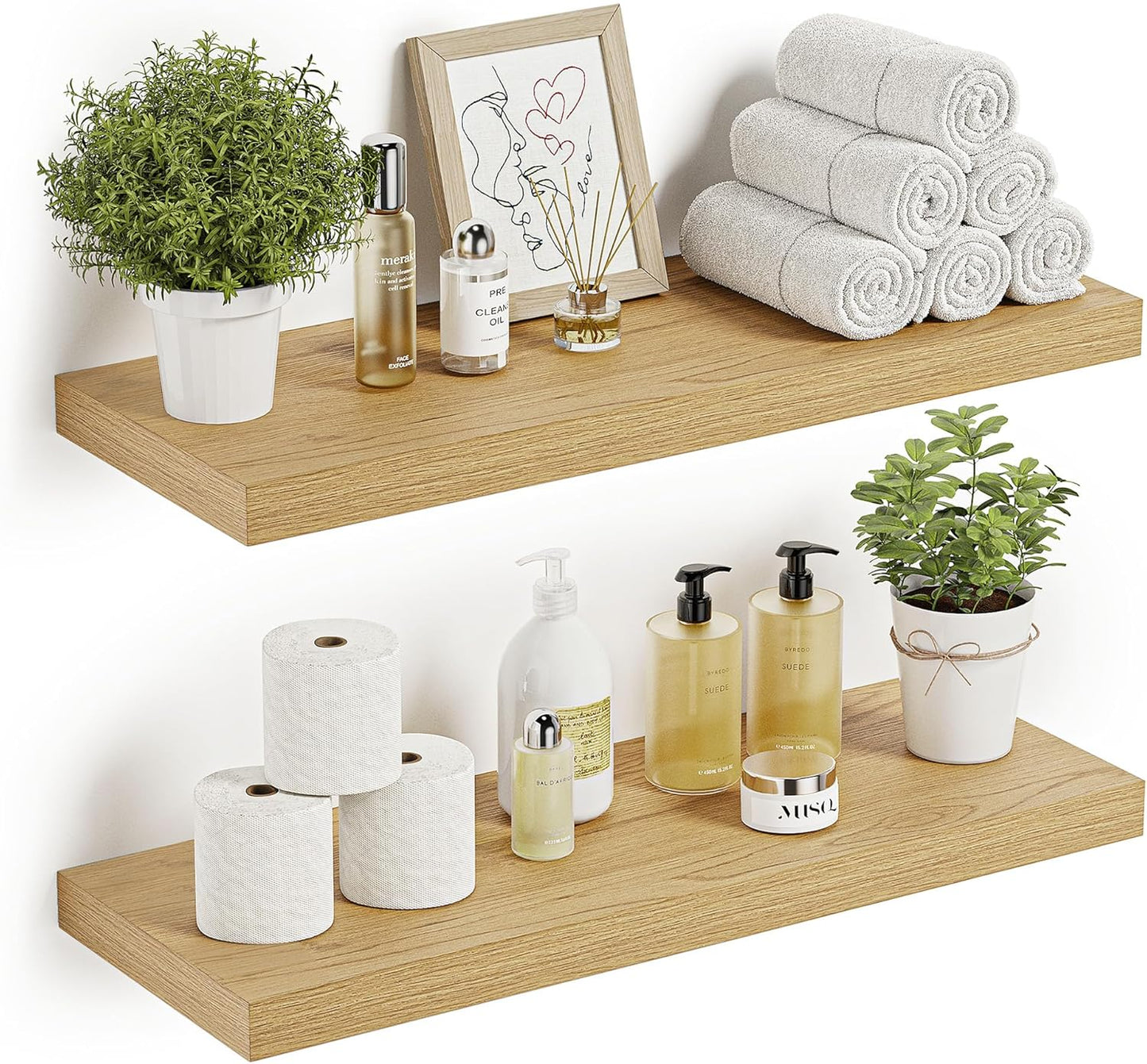Vivelove Bathroom Floating Shelves for Wall 24 inchs Long, 9.2” deep x 1.6” Wall Shelf for Bedroom, Living Room, Kitchen, Office Home Decor, Deep Wood Shelves with Invisible Brackets, Set of 2, Oak