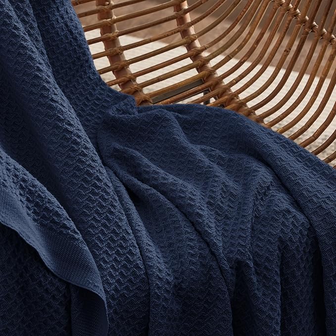 Bedsure 100% Cotton Blanket Twin XL Size for College Dorm - Breathable and Soft, Waffle Weave Twin Blanket for Summer, Dorm Room Essentials, Pageant Blue, 66x90 inches