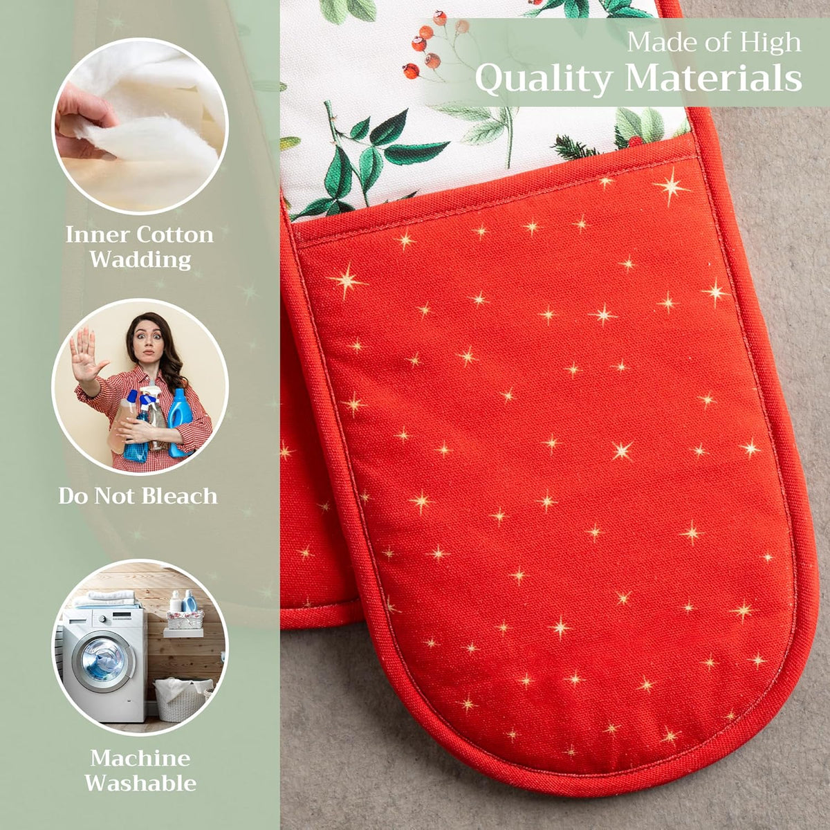 Maison d' Hermine Double Oven Mitts 100% Cotton 7"x35" Double Oven Mitt Heat Resistant BBQ Cooking Gloves with Loop, Baking, Grilling, Home, Kitchen, Handling Hot Pans (Noel)