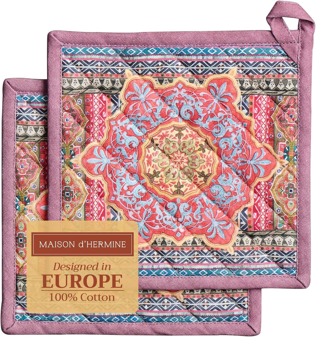 Maison d' Hermine Pot Holders Set 100% Cotton Heat Resistant Potholders 8" x 8" Hot Pads with Loop BBQ, Cooking, Baking, Grilling, Kitchen, Handling Hot Pans (Pack of 2, Ispahan)