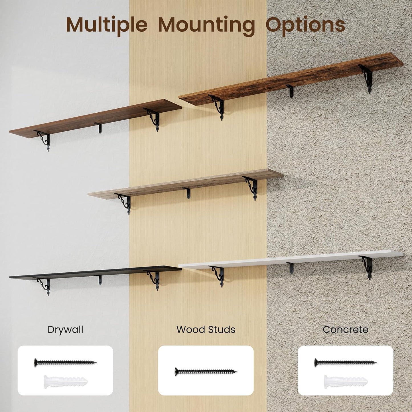 RICHFOCUS Floating Shelves for Wall Decor, 55.1W x 8D Shelves Set of 2, 8 Inch Deep Rustic Wood Shelves Wall Mounted with Brackets, Long Floating Shelves for Living Room Bedroom Kitchen, Grey